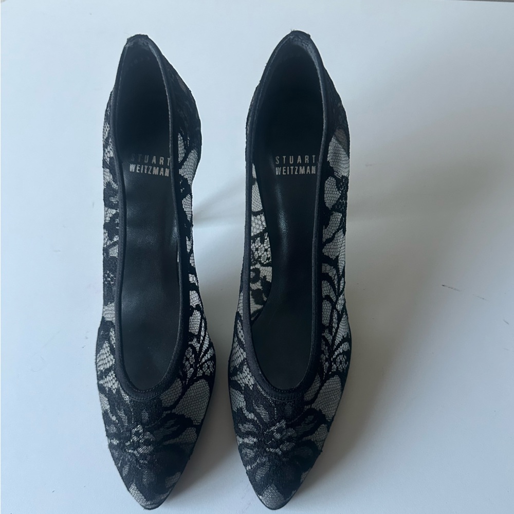 Vintage Stuart Weitzman Black White Lace Back Pointed Toe Pump Heels 9